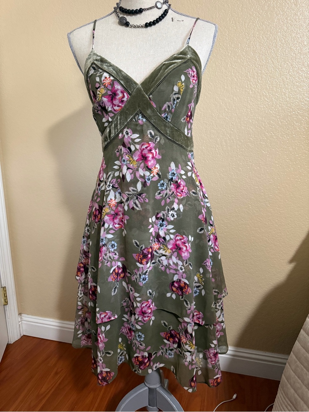 WHBM Floral Olive Green Velvet-Trim Spaghetti Strap Dress